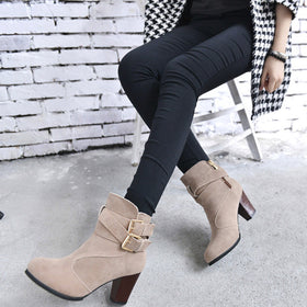Women Belt Buckle Ladies Faux Boots Ankle Boots High Heels Martin Shoes
