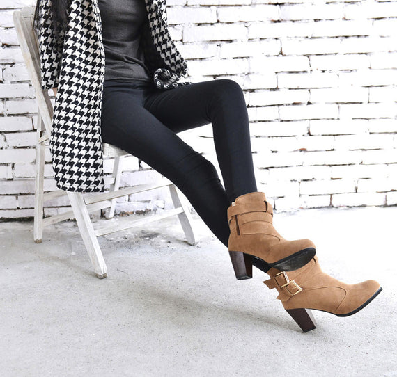 Women Belt Buckle Ladies Faux Boots Ankle Boots High Heels Martin Shoes