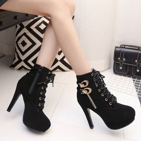 Women Sexy High Heels Platform Ankle Boots Thin Heel Lace-Up Boots Shoes